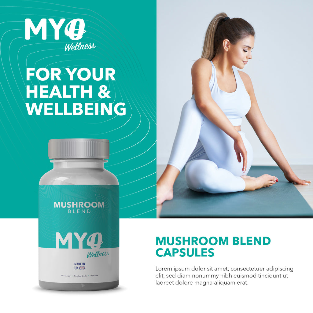 MYOwellness 5 mushroom blend capsules with a woman on a yoga mat