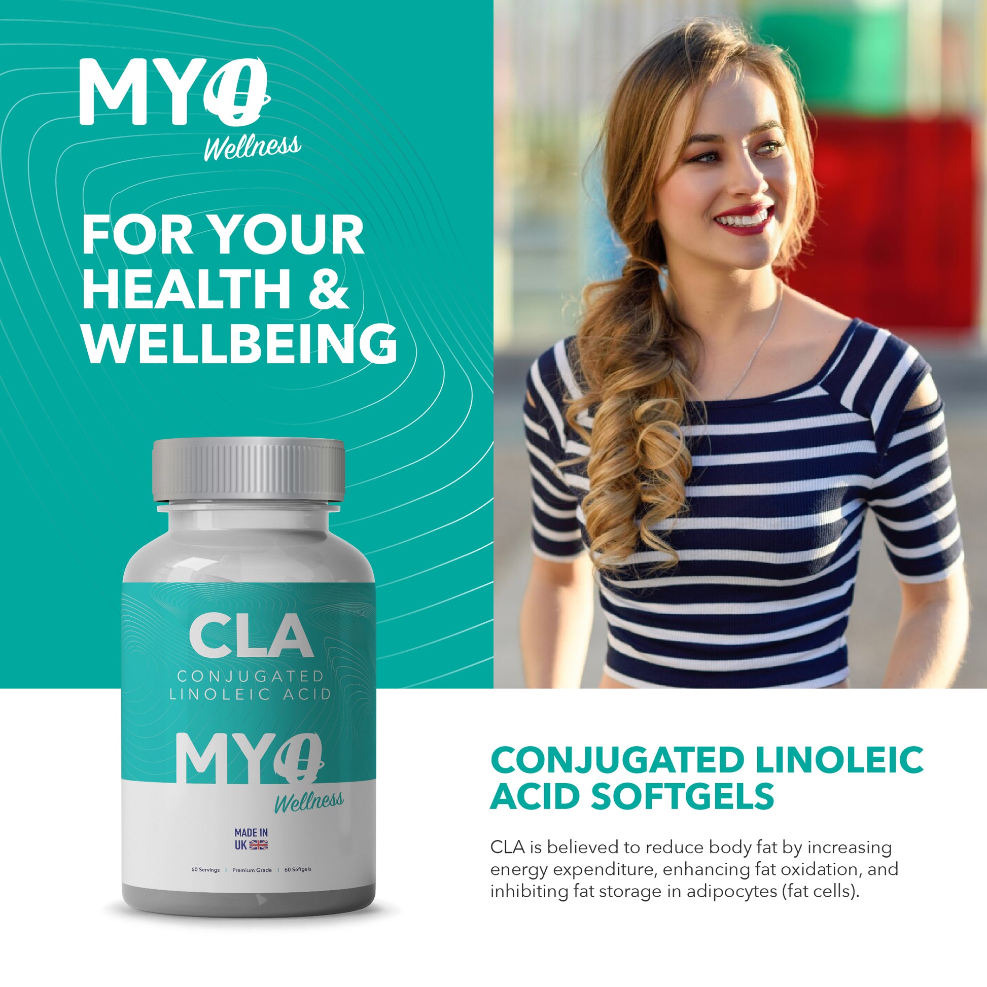 MYOwellness CLA 60 capsules supplement bottle with a woman in a striped shirt on a blurred background
