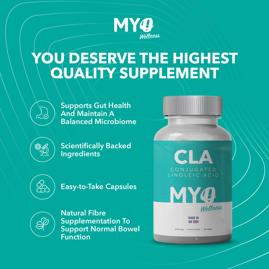 MYOwellness CLA capsules supplement bottle with product details on a teal background