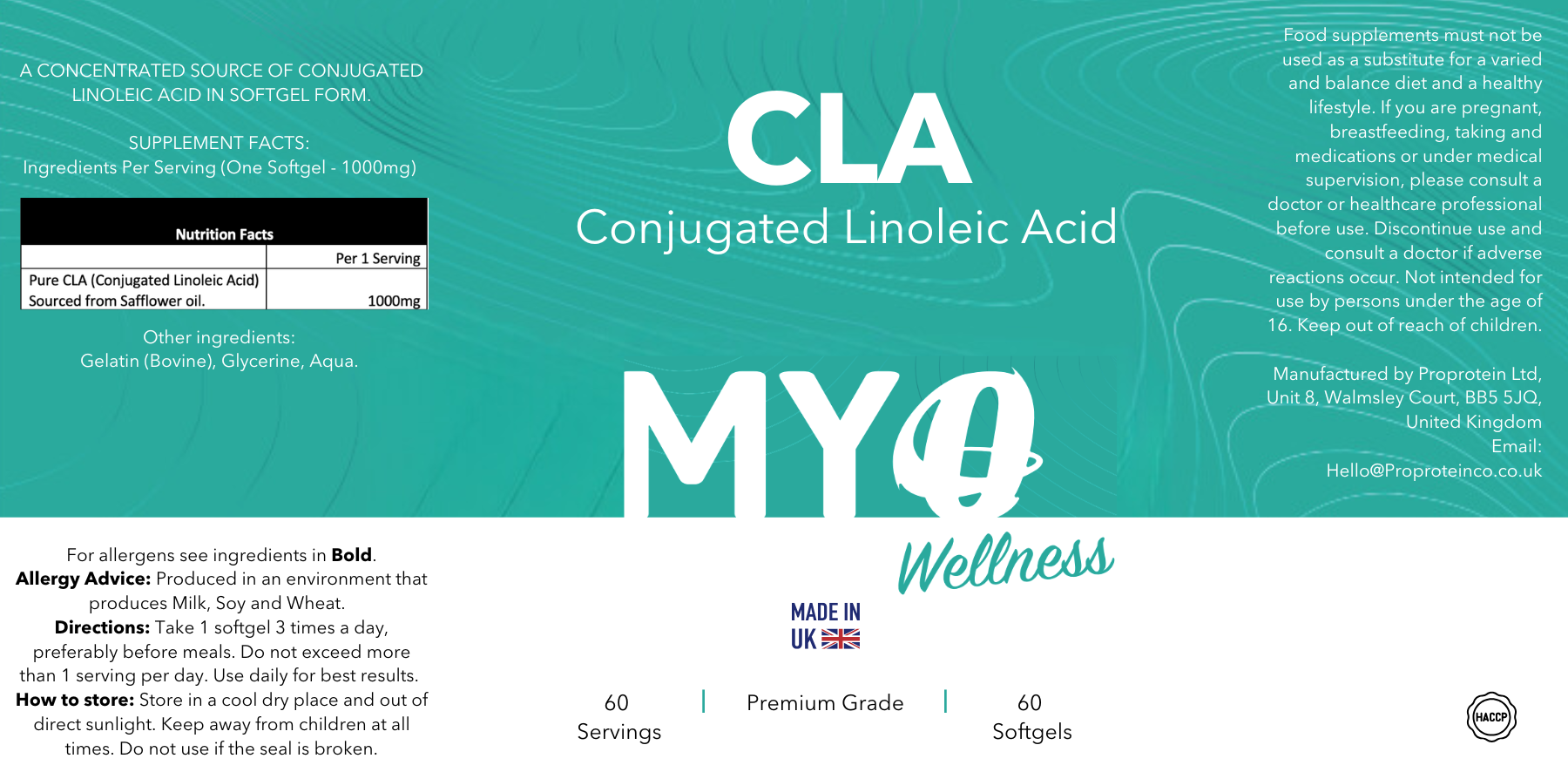 MYOwellness CLA Conjugated Linoleic Acid supplement packaging with teal background and white text.