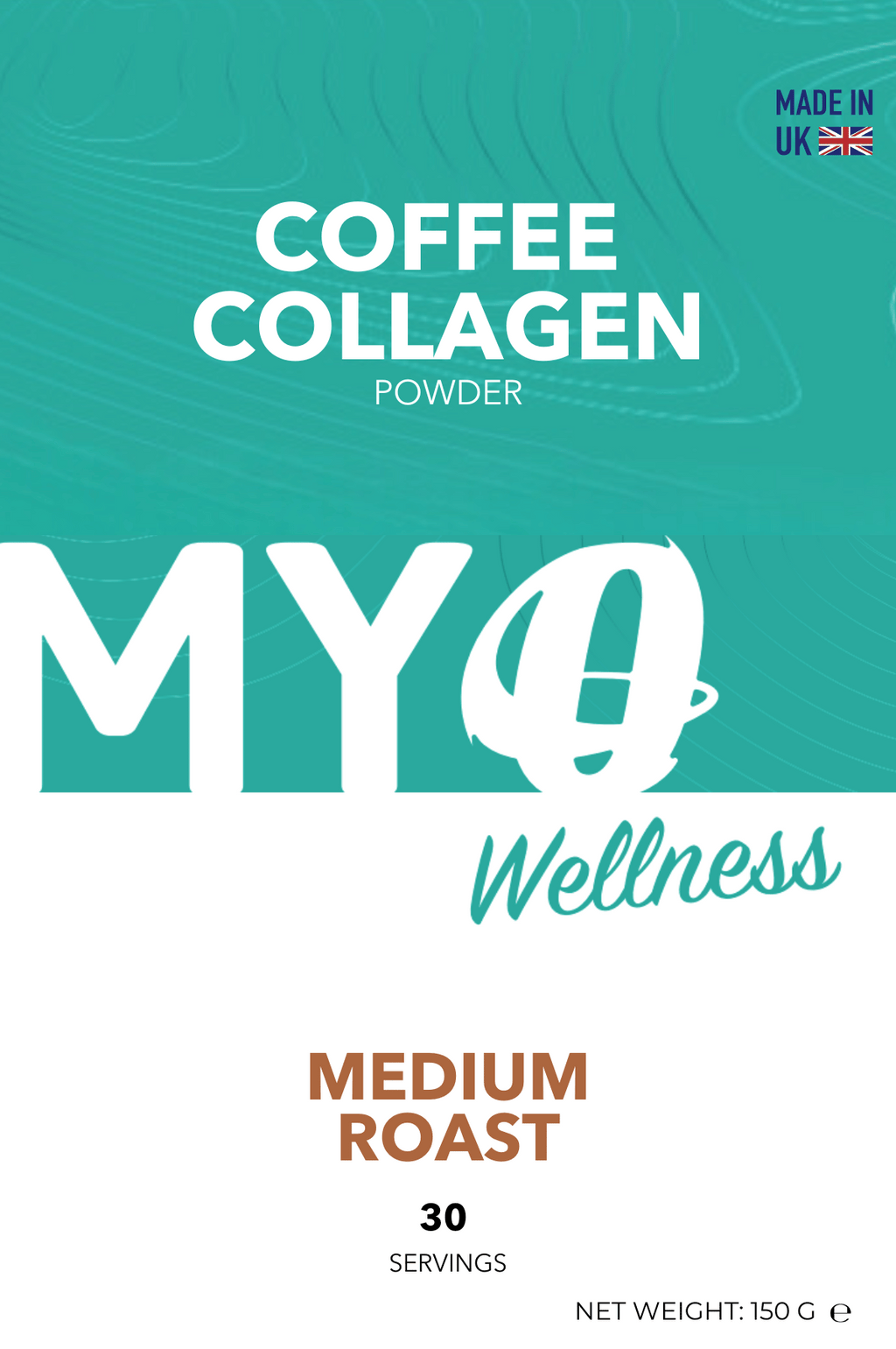 MYOwellness Coffee Collagen Powder packaging with teal background and white text.