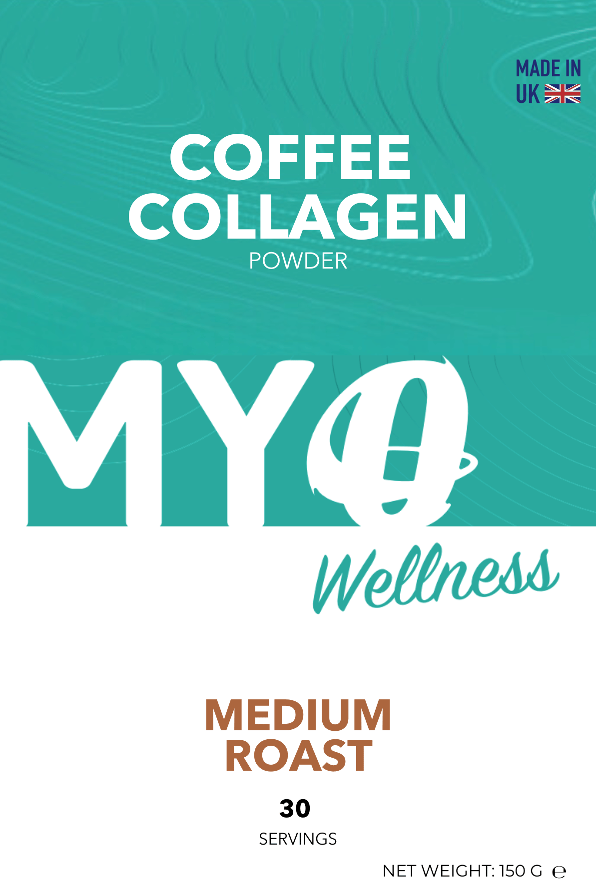 MYOwellness Coffee Collagen Powder packaging with teal background and white text.