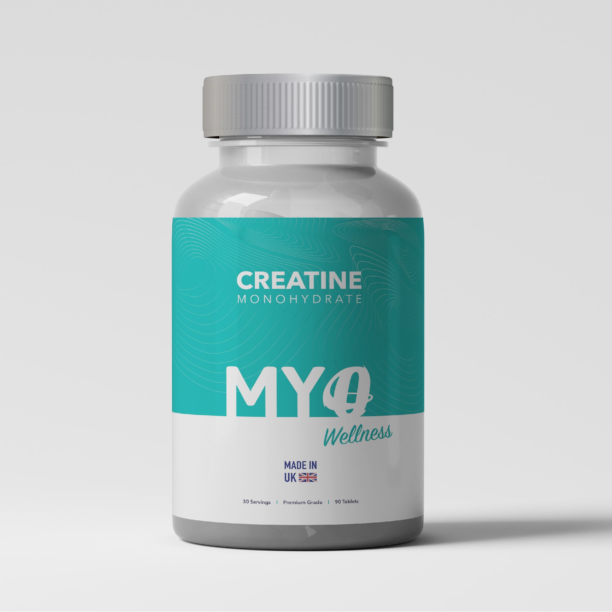 MYOwellness creatine supplements pills bottle on a light gray background