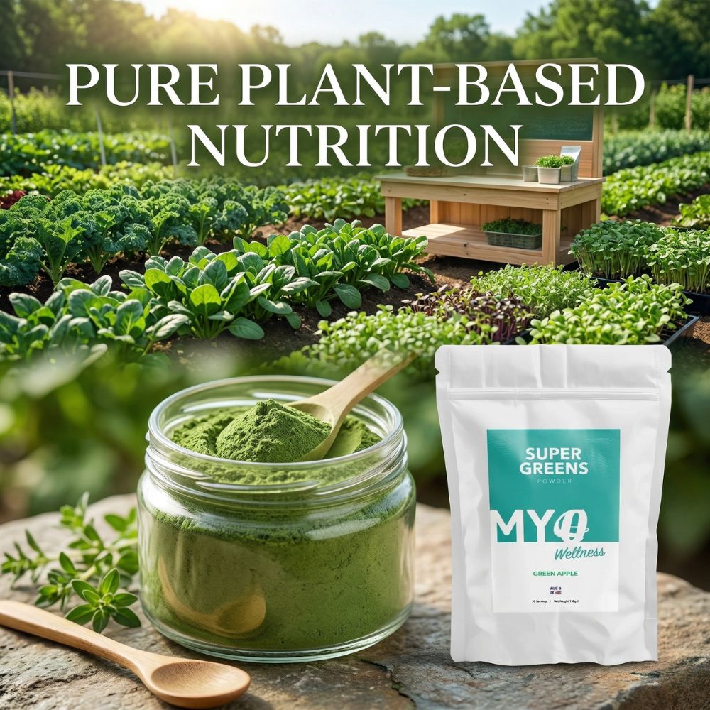 Jar of organic superfoods powder with a wooden spoon and package labeled 'MYOwellness Super Greens' in front of a garden background.
