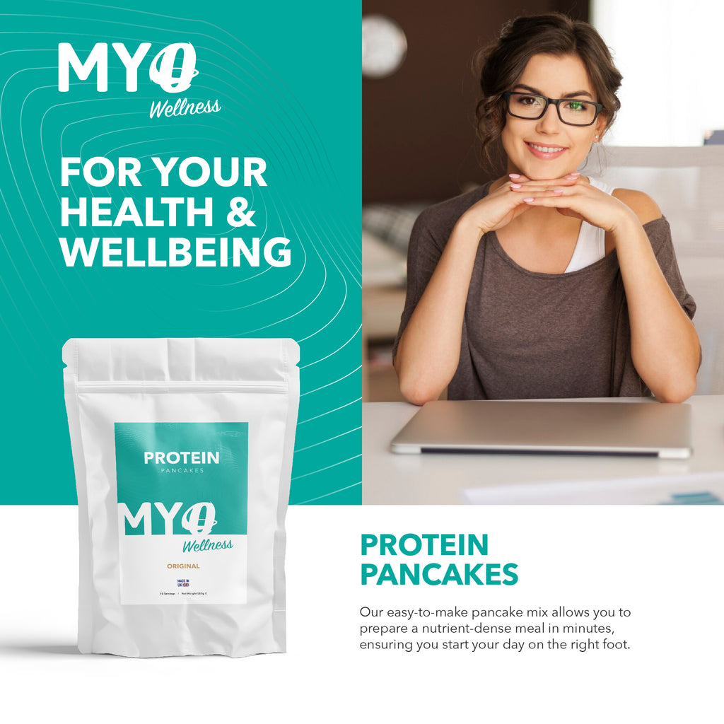 MYOwellness Protein pancake powder mix package with a woman sitting at a desk.