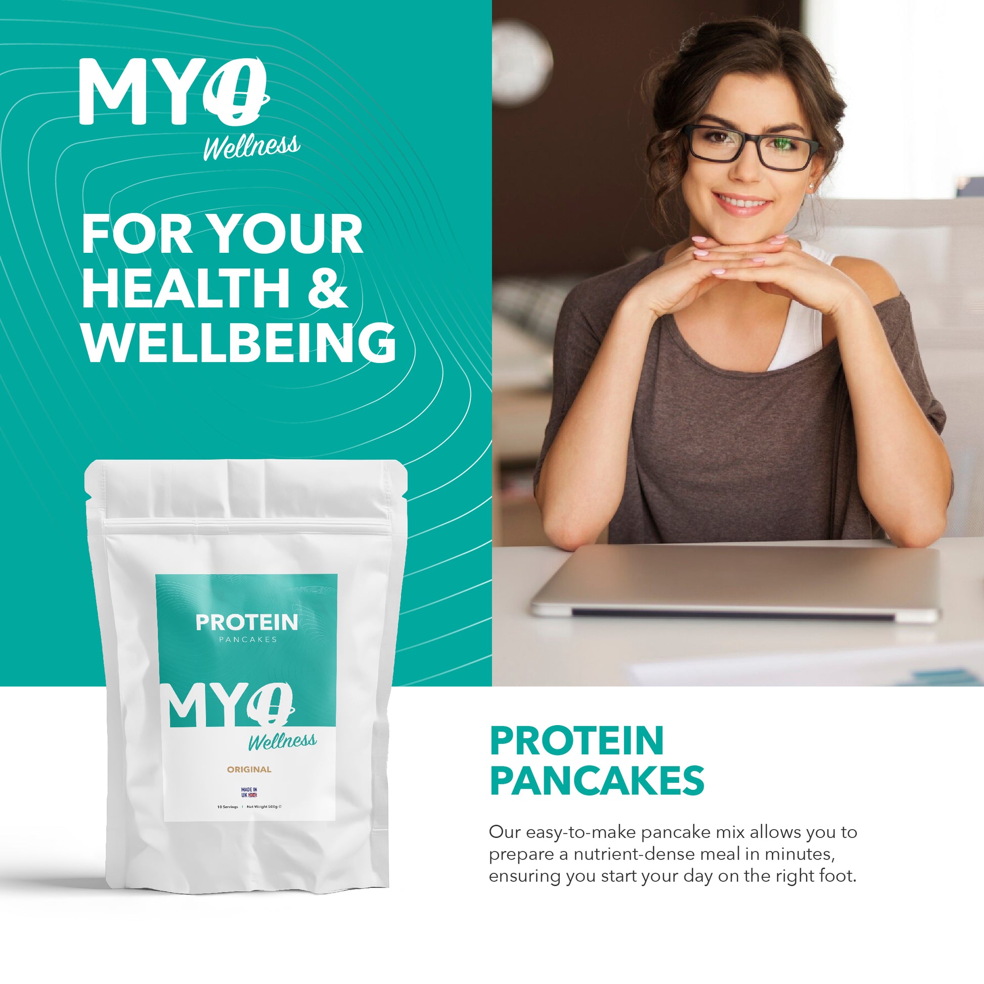 MYOwellness Protein pancake powder mix package with a woman sitting at a desk.
