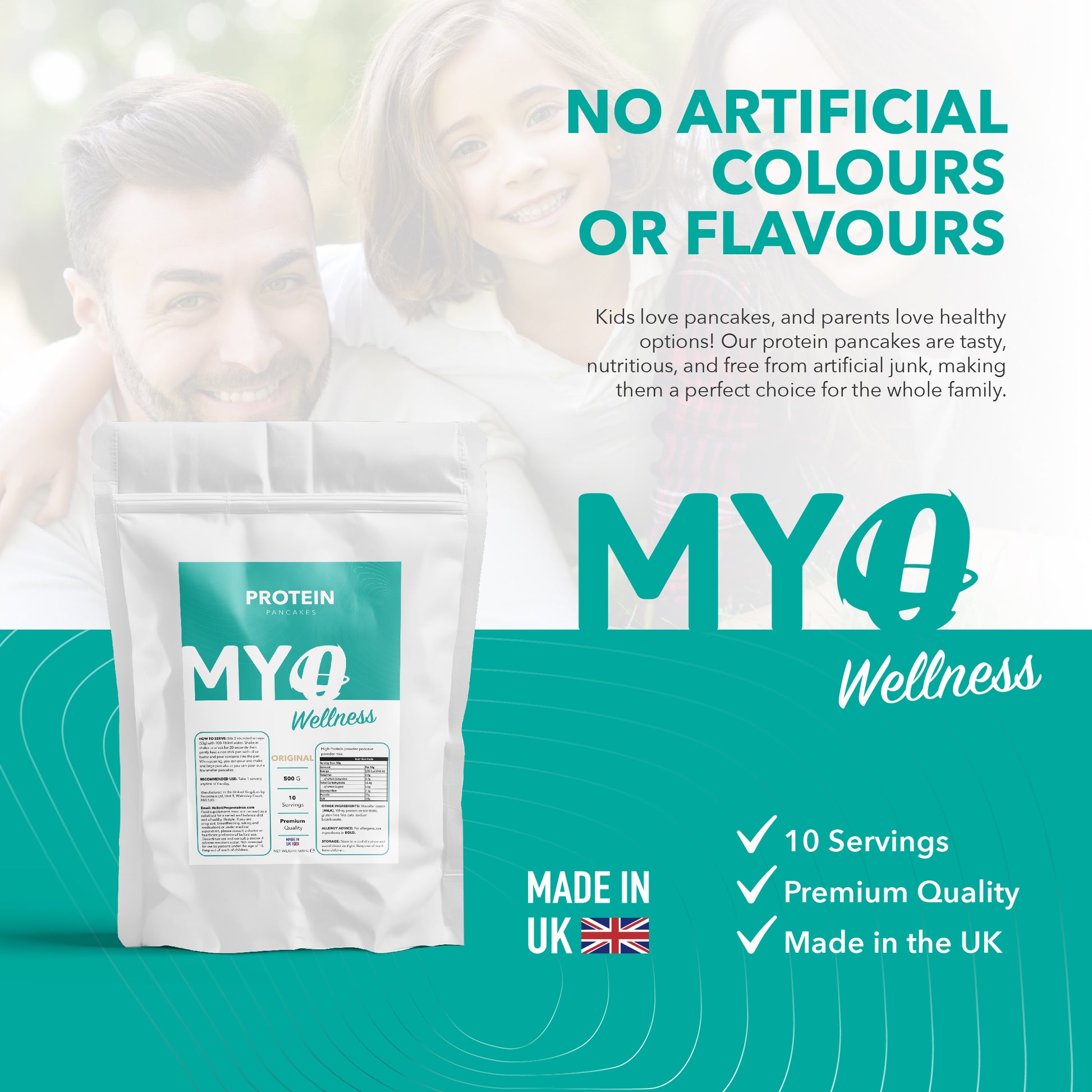 MYOwellness Protein Powder package with text about flavors, and a blurred background of two people.