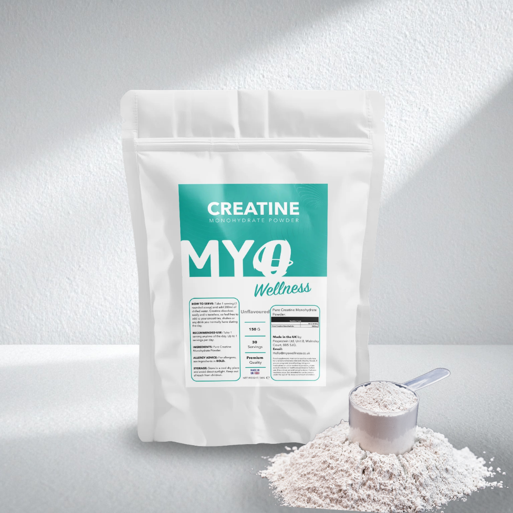 MYOwellness pure creatine monohydrate powder packaging with a scoop of powder on a light gray background