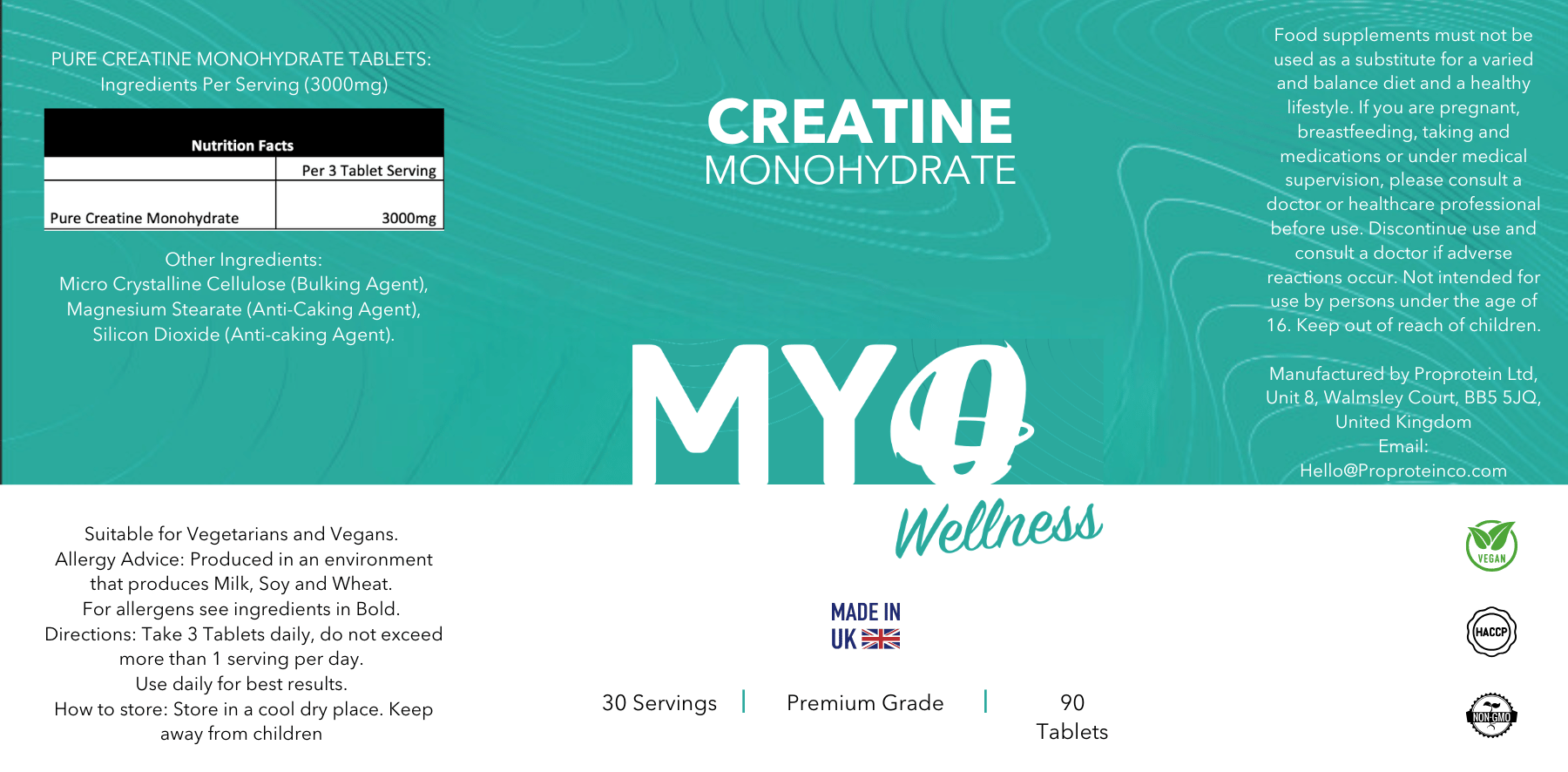 MYOwellness Creatine Monohydrate supplement packaging with green and white design.