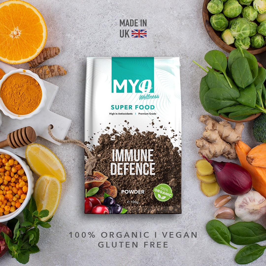 MYOwellness Organic Reishi Mushroom Powder packaging with organic and vegan certification on a background of superfoods.