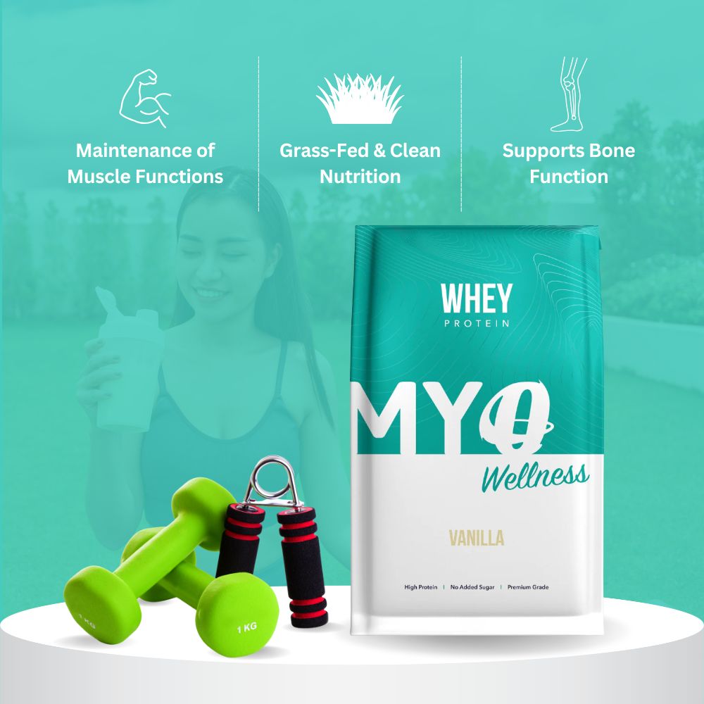 MYOwellness best blended protein shakes package with green dumbbells on a teal background