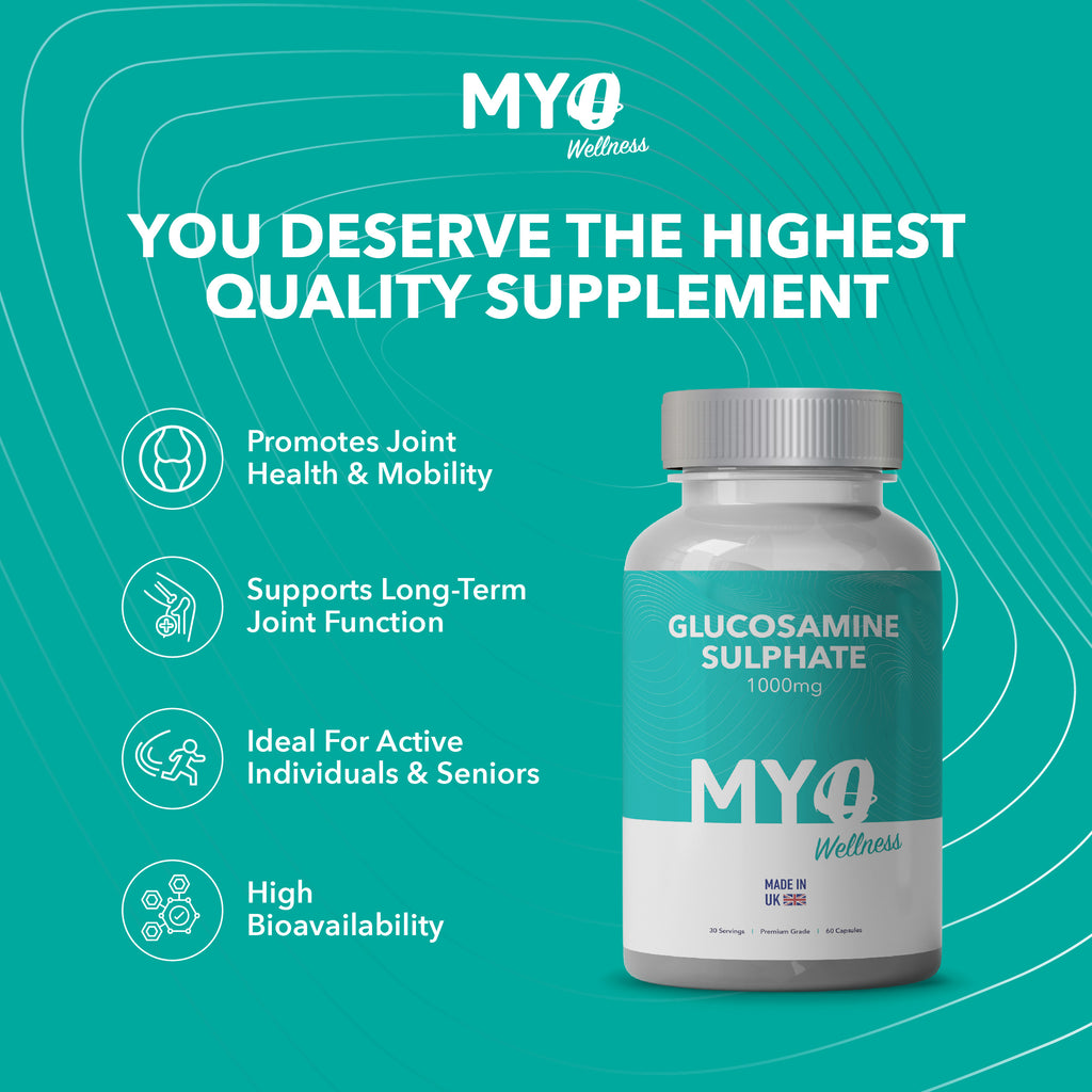 MYOwellness best joint support supplements glucosamine sulphate bottle with promotional text on a teal background