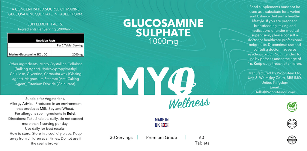 Supplement package for Glucosamine Sulphate 1000mg by MYOwellness with branding and product details.