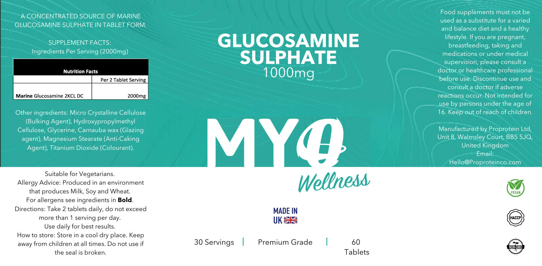 Supplement package for Glucosamine Sulphate 1000mg by MYOwellness with branding and product details.