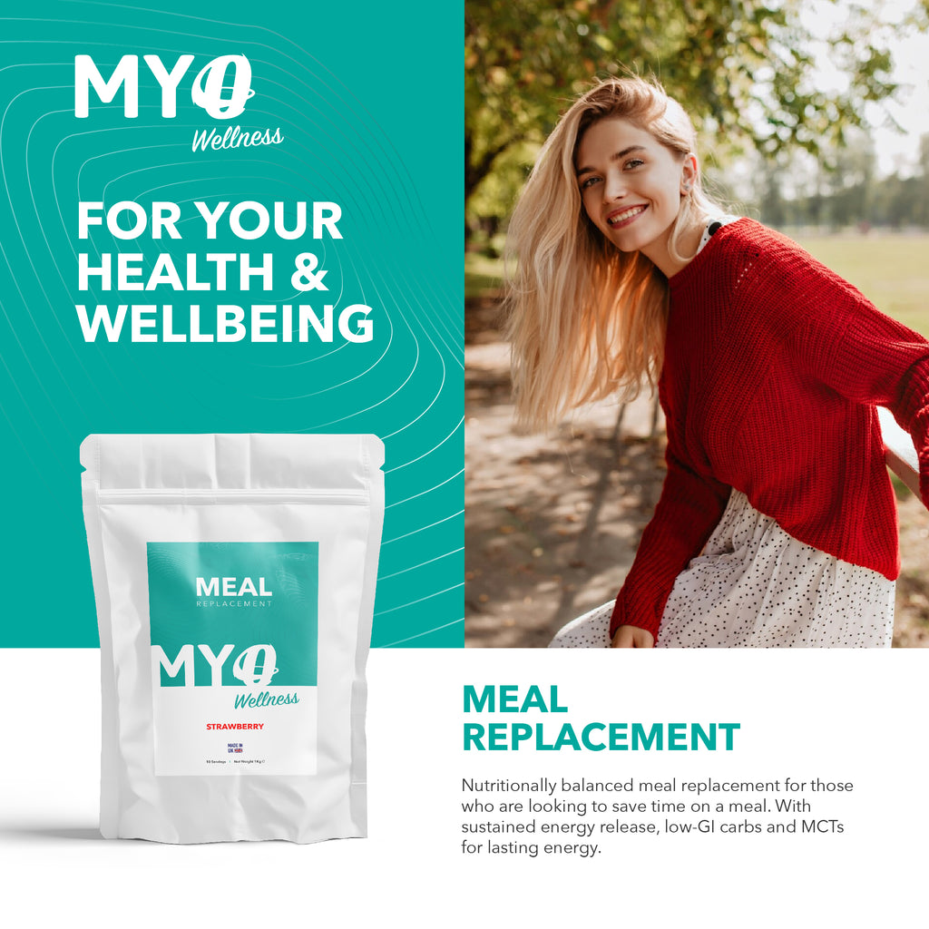 MYOwellness best vegan meal replacement powder package with a woman in a red sweater outdoors.