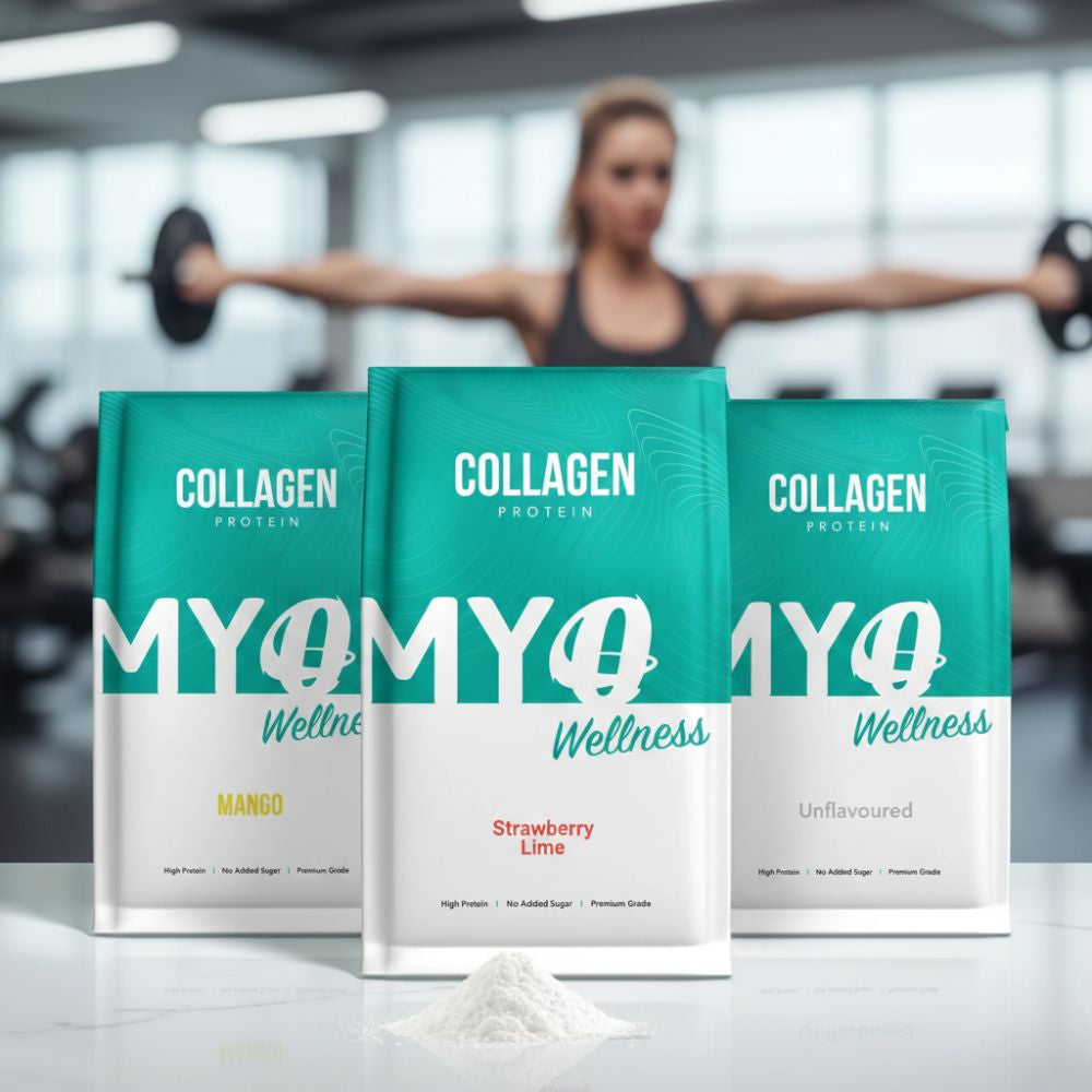 Three packages of MYOwellness bovine hydrolysed collagen with a blurred gym background