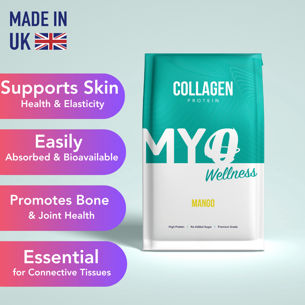 MYOwellness bovine hydrolysed collagen protein powder package with text highlighting benefits on a light blue background
