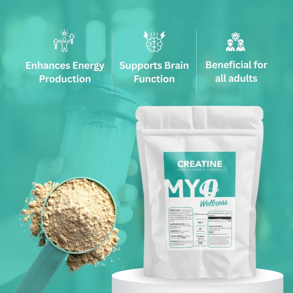 Buy creatine monohydrate powder package with text on a teal background