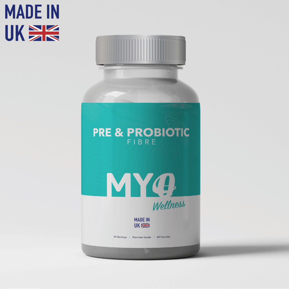 MYOwellness pre and probiotic fibre supplement bottle on a light gray background, buy probiotics online