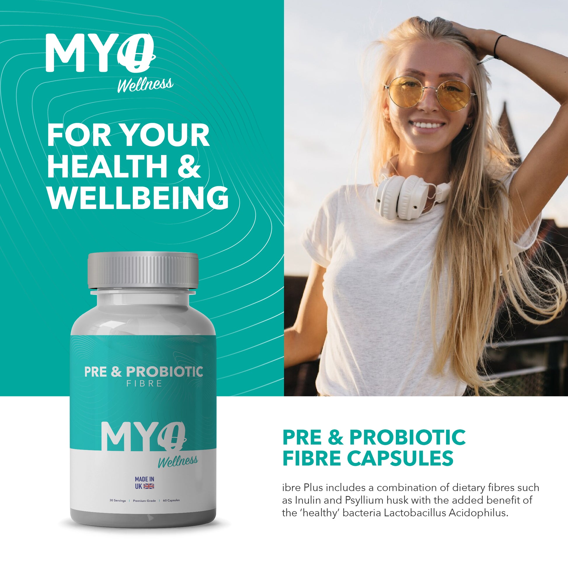 MYOwellness pre and probiotic fibre capsules with a woman in the background, buy probiotic tablets online