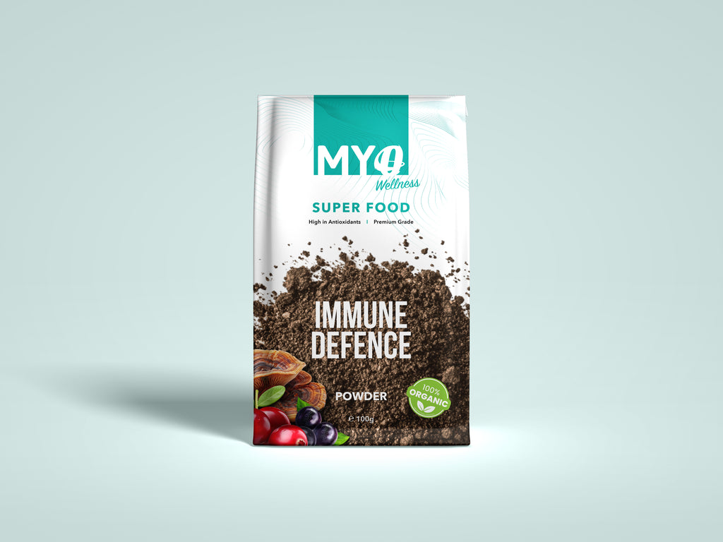 Buy reishi mushroom powder from MYOwellness. Immune Defence Super Food Powder packaging on a light gray background 