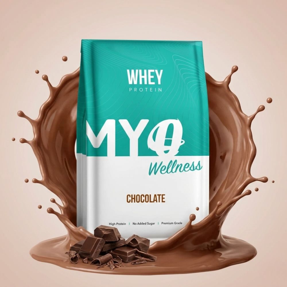 MYOwellness chocolate whey blend protein shake package with chocolate splashes and pieces on a beige background