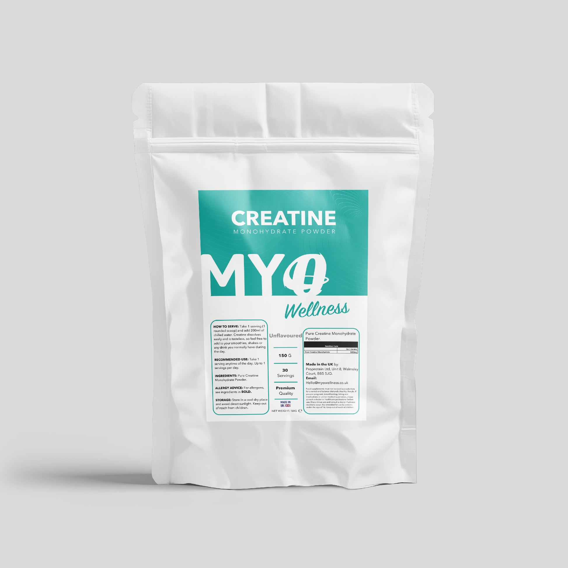 White package of MYOwellness clean creatine monohydrate powder on a gray background