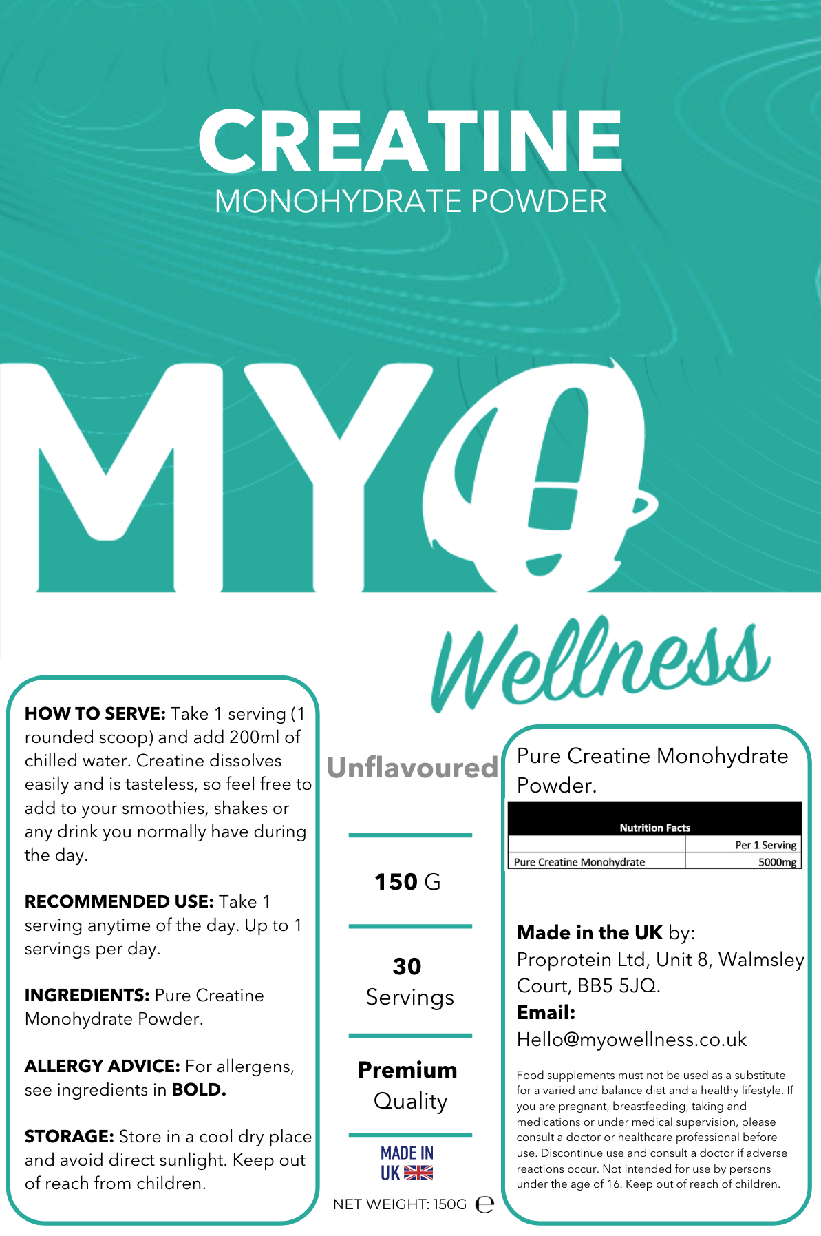 Package of clean Creatine Monohydrate Powder from MYOwellness on a teal background