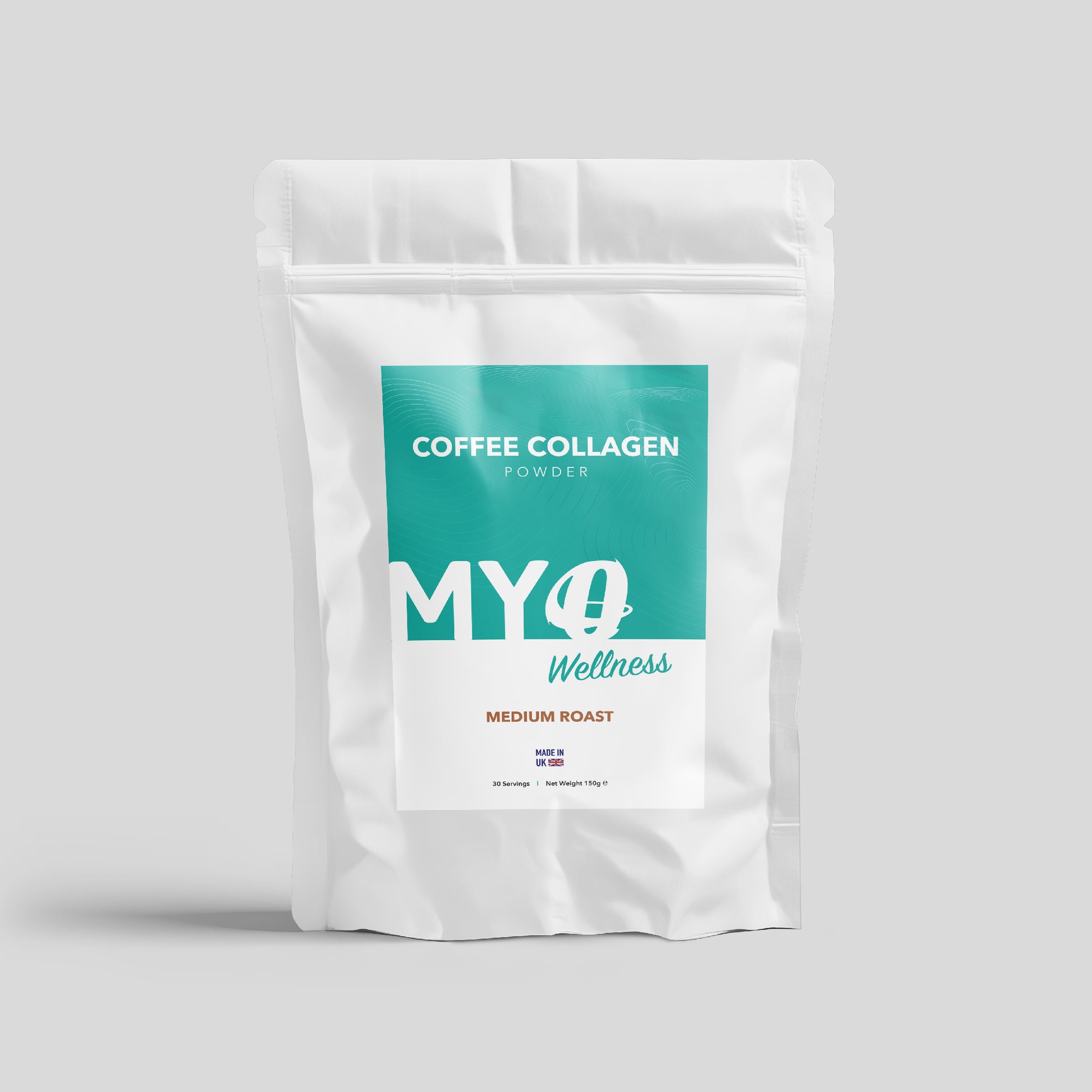 Coffee collagen powder package with MYOwellness branding on a gray background