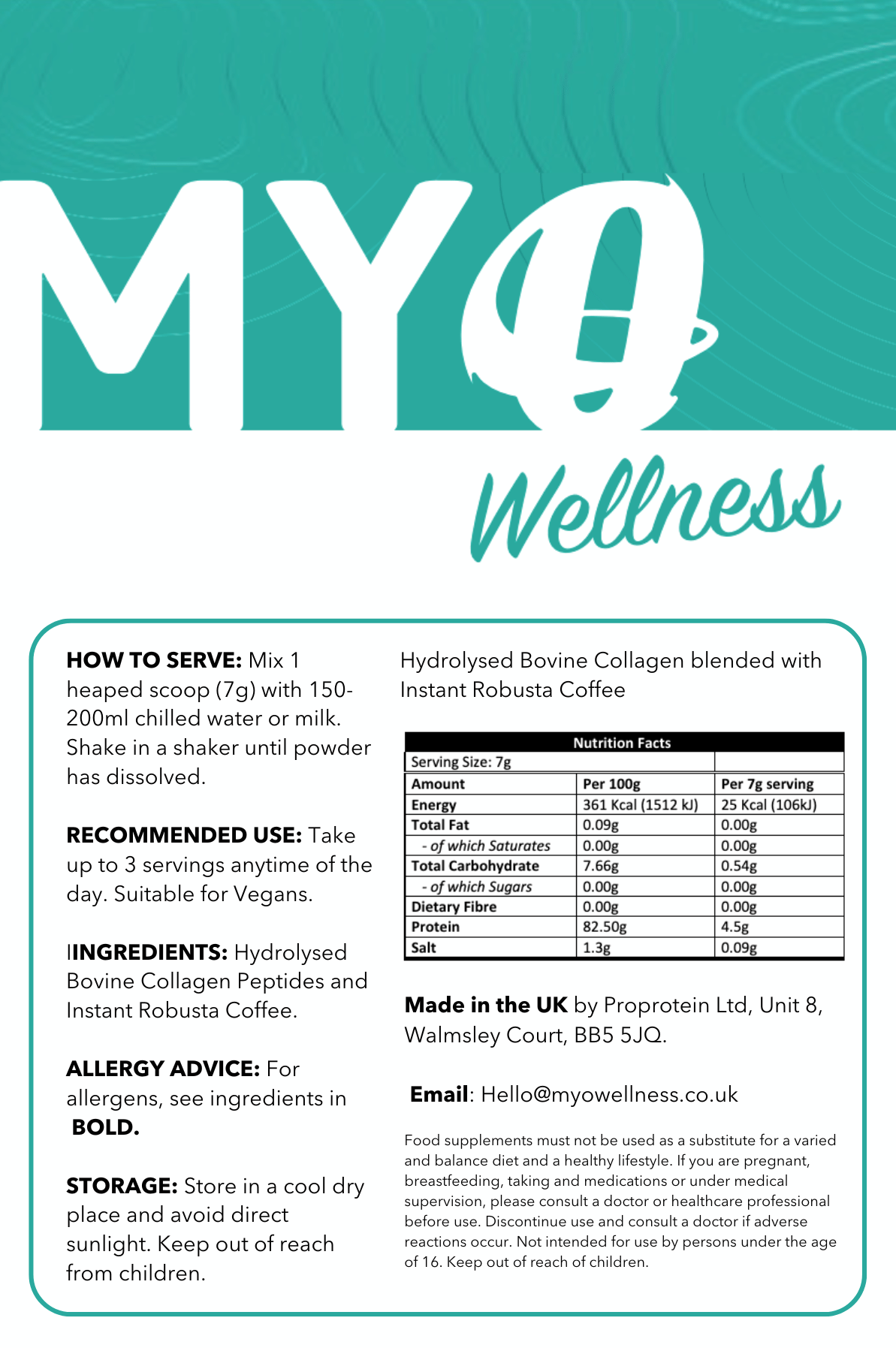 MYOwellness Coffee & Hydrolysed Bovine Collagen with Vitamin C, D3 and Hyaluronic acid packaging with text and nutrition facts.