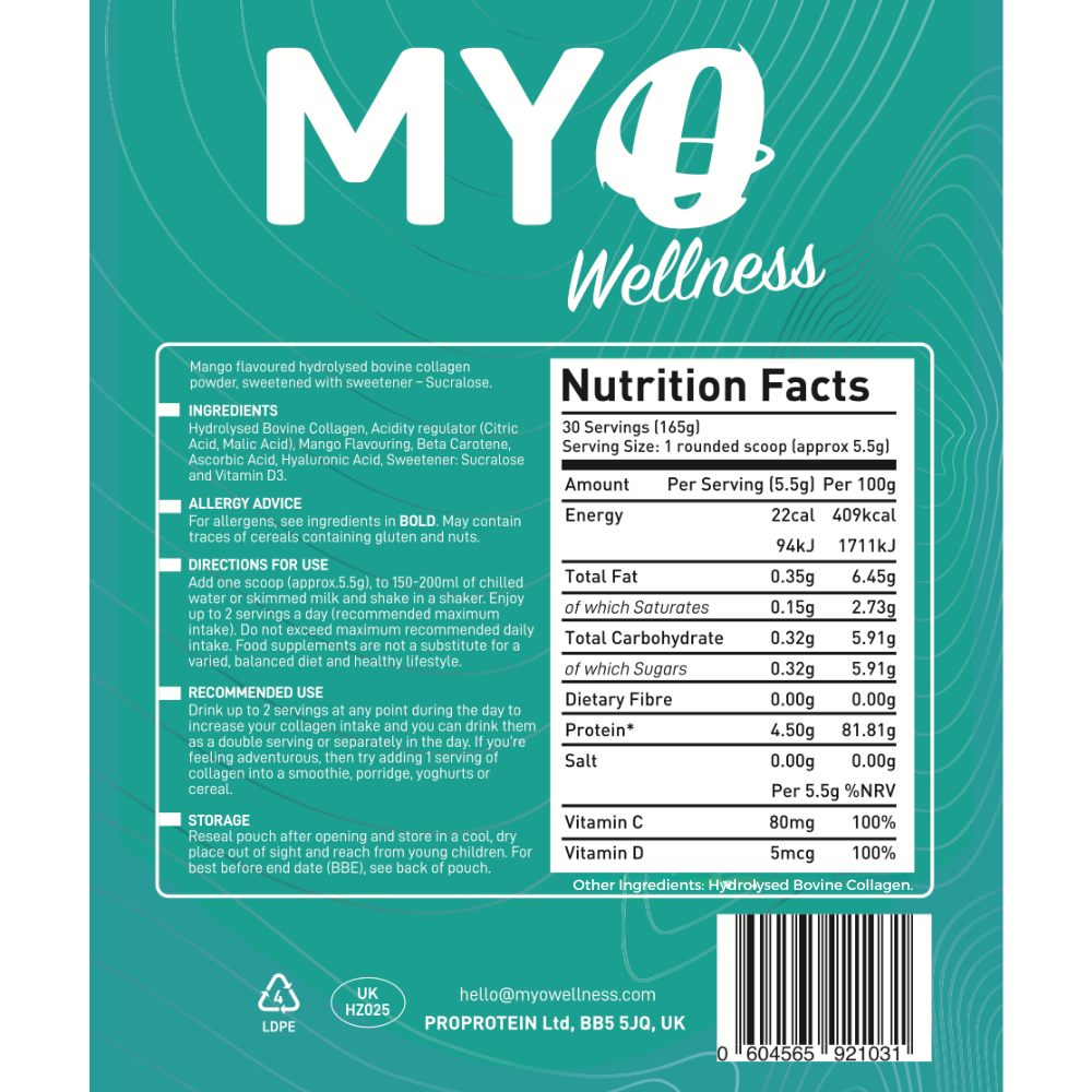 Back label of a supplement container with MYOwellness collagen mango flavour branding and nutrition facts.