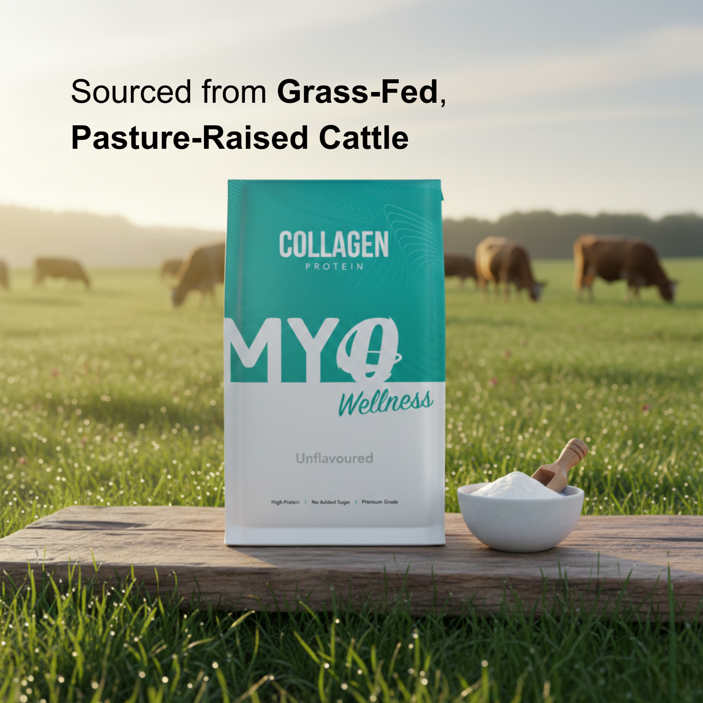 MYOwellness collagen powder unflavoured package with a bowl of powder on a wooden bench in a field with grazing cattle.