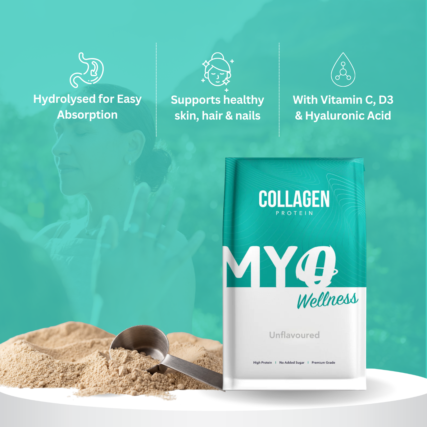 MYOwellness collagen unflavoured powder packaging with product and benefits text on a teal background