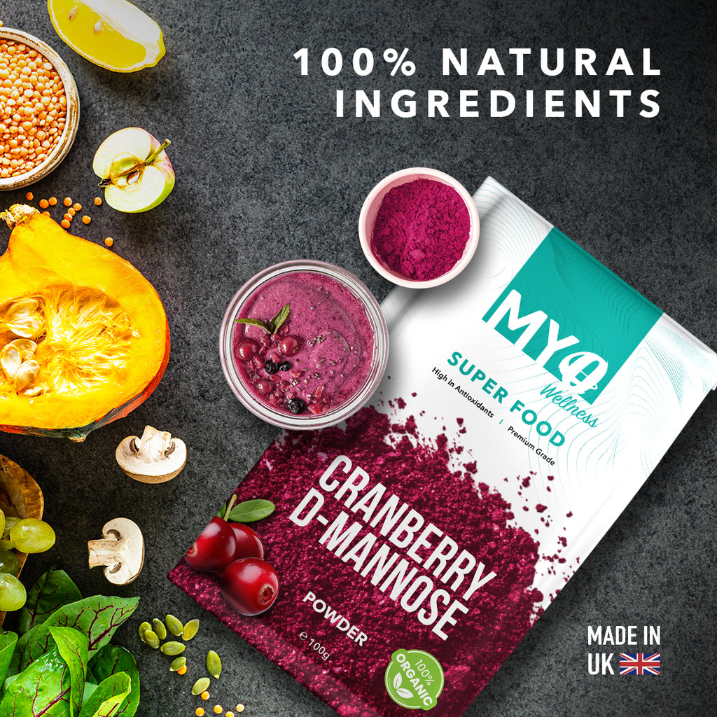 Cranberry D-Mannose Superfood package with ingredients and text highlighting natural ingredients and UK origin.