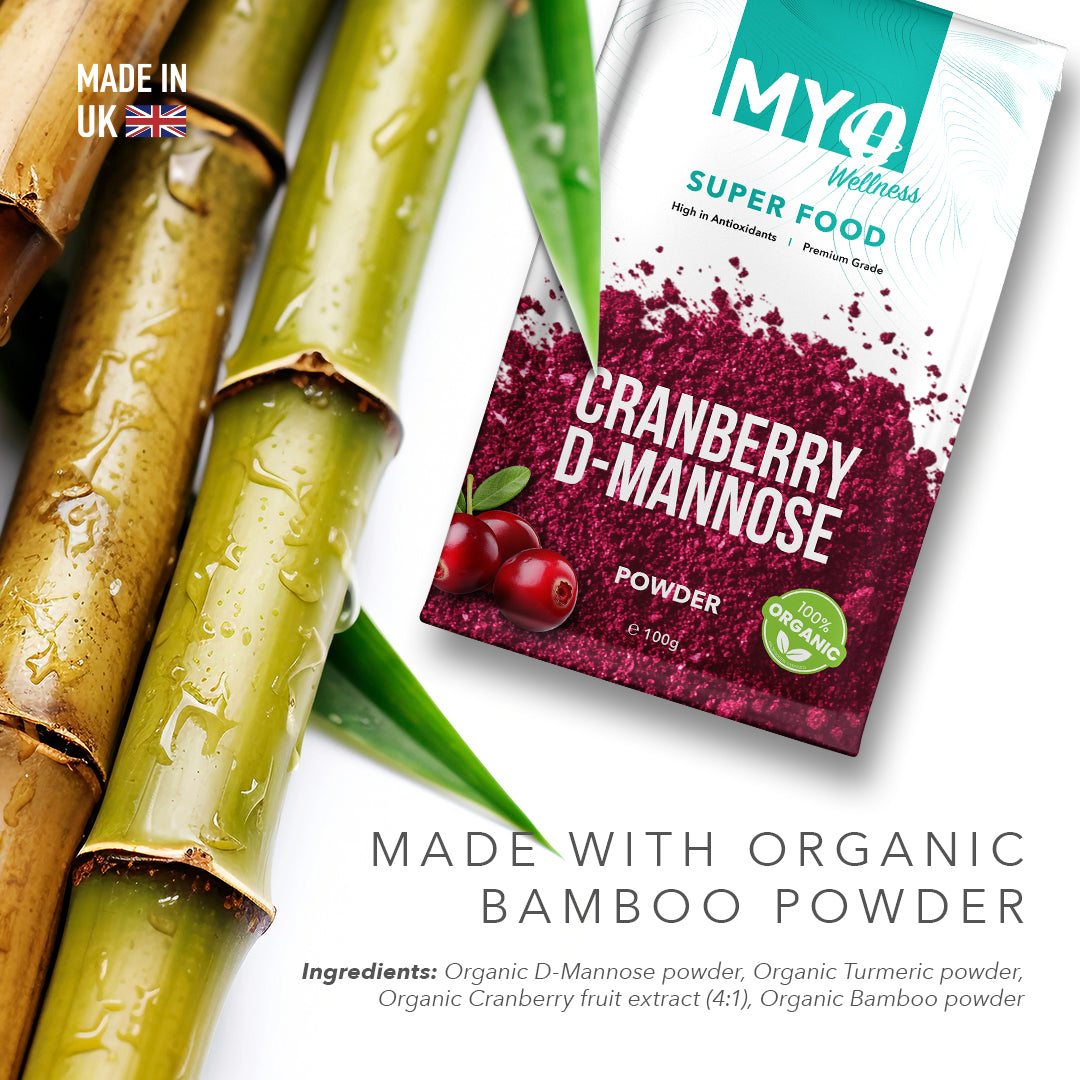 MYOwellness Cranberry D-Mannose Vegan Urinary Health Supplement packaging with organic bamboo on a white background