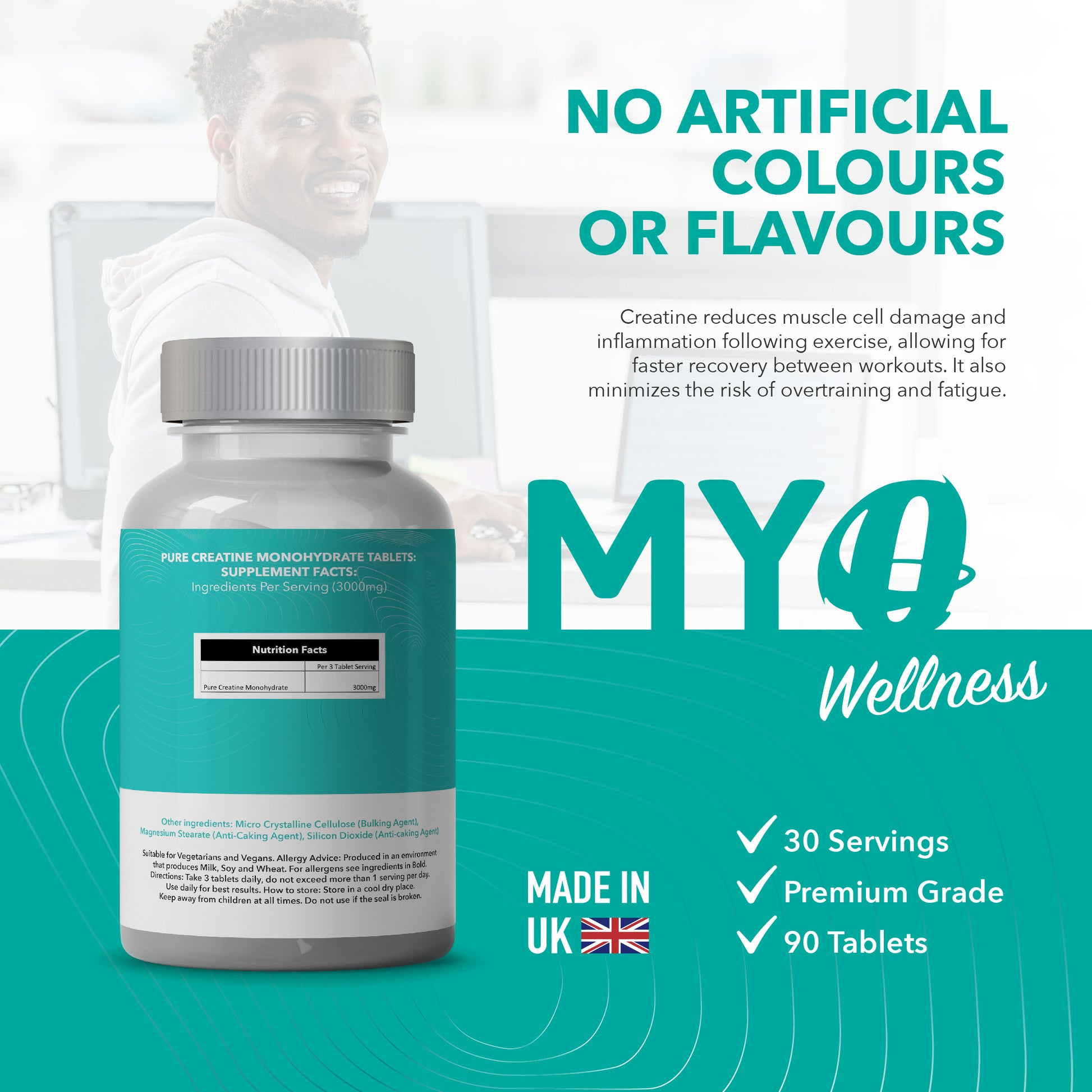 Bottle of MYOwellness creatine supplement pills with text about product benefits and features.
