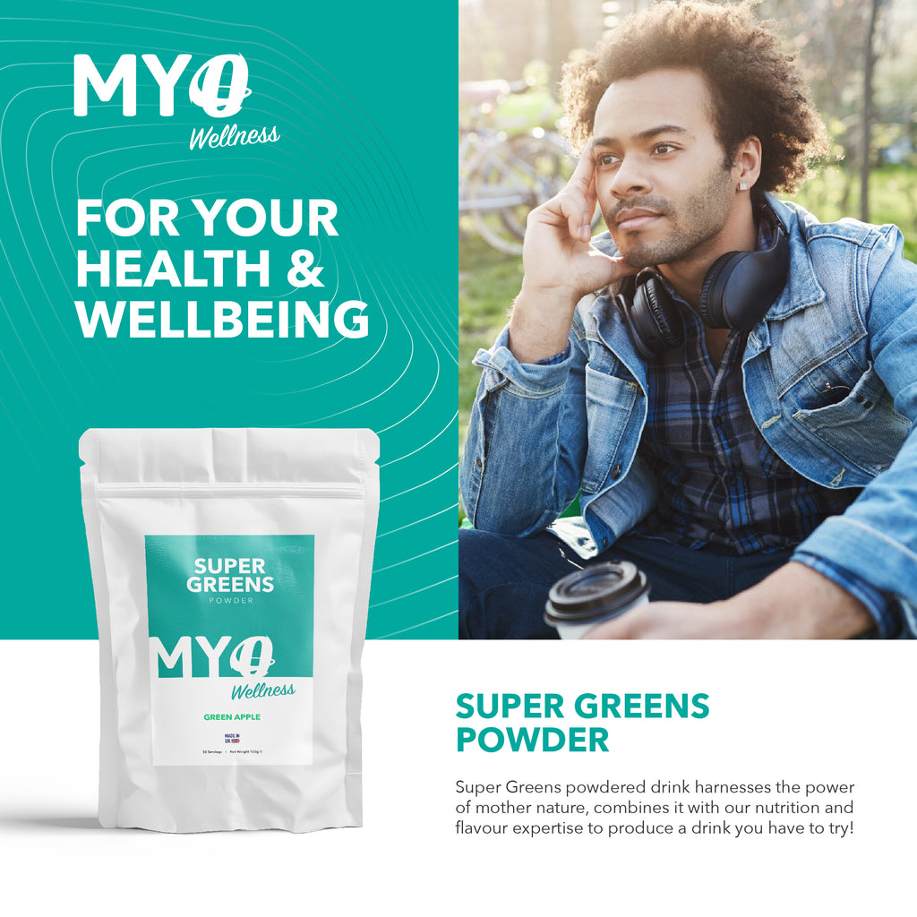 MYOwellness daily greens powder packaging with a man sitting outdoors.