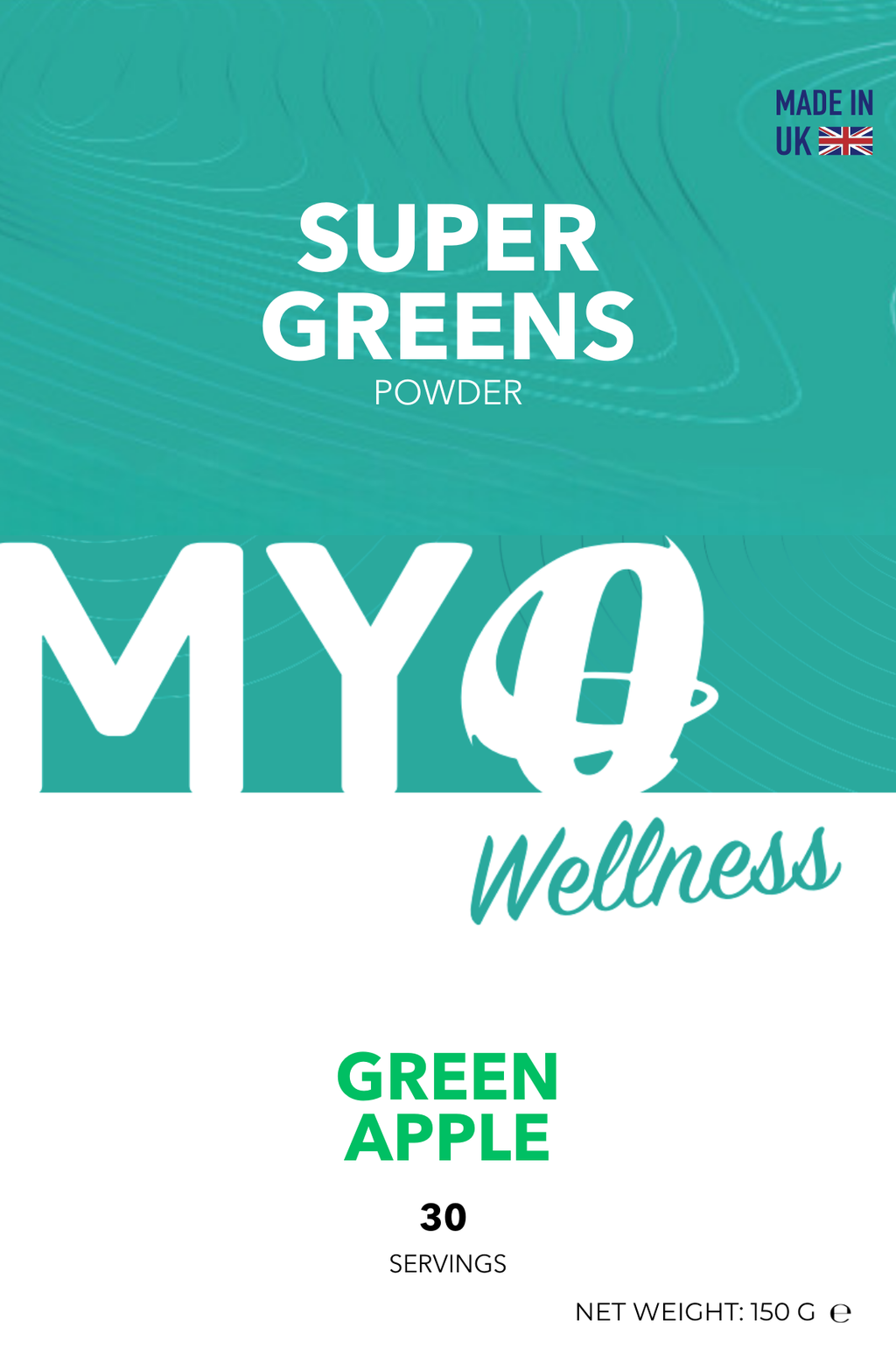 MYOwellness daily greens powder packaging with green apple flavor on a teal background