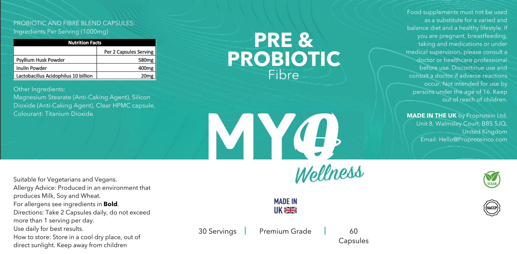 MYOwellness pre & probiotic fiber supplement capsules label with text and branding.