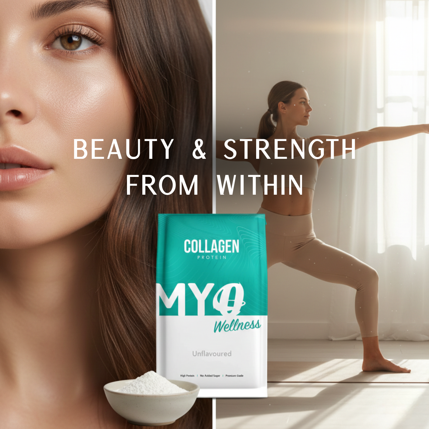 Flavourless collagen powder package with a woman exercising and close-up of face, promoting 'Beauty & Strength From Within'.