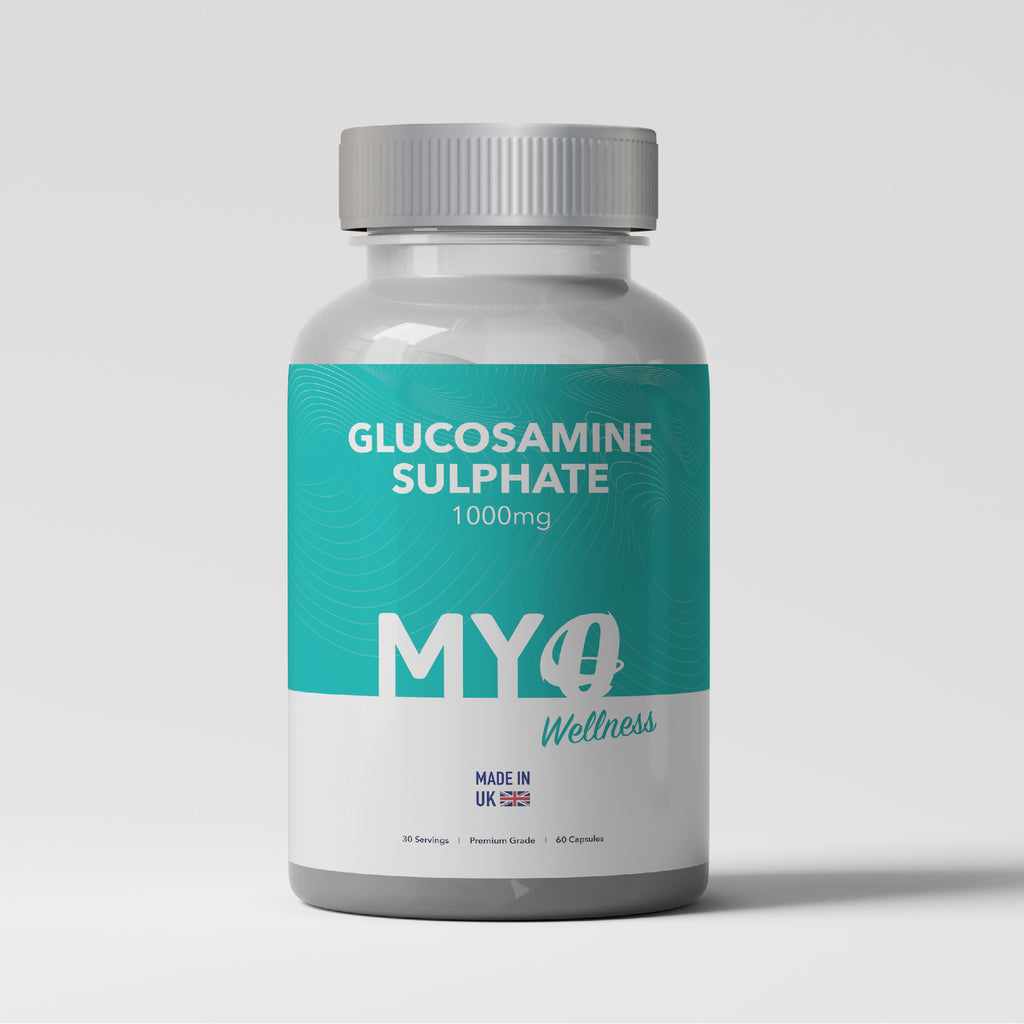 Bottle of Glucosamine sulphate 1000mg supplement with MYOwellness label on a light gray background