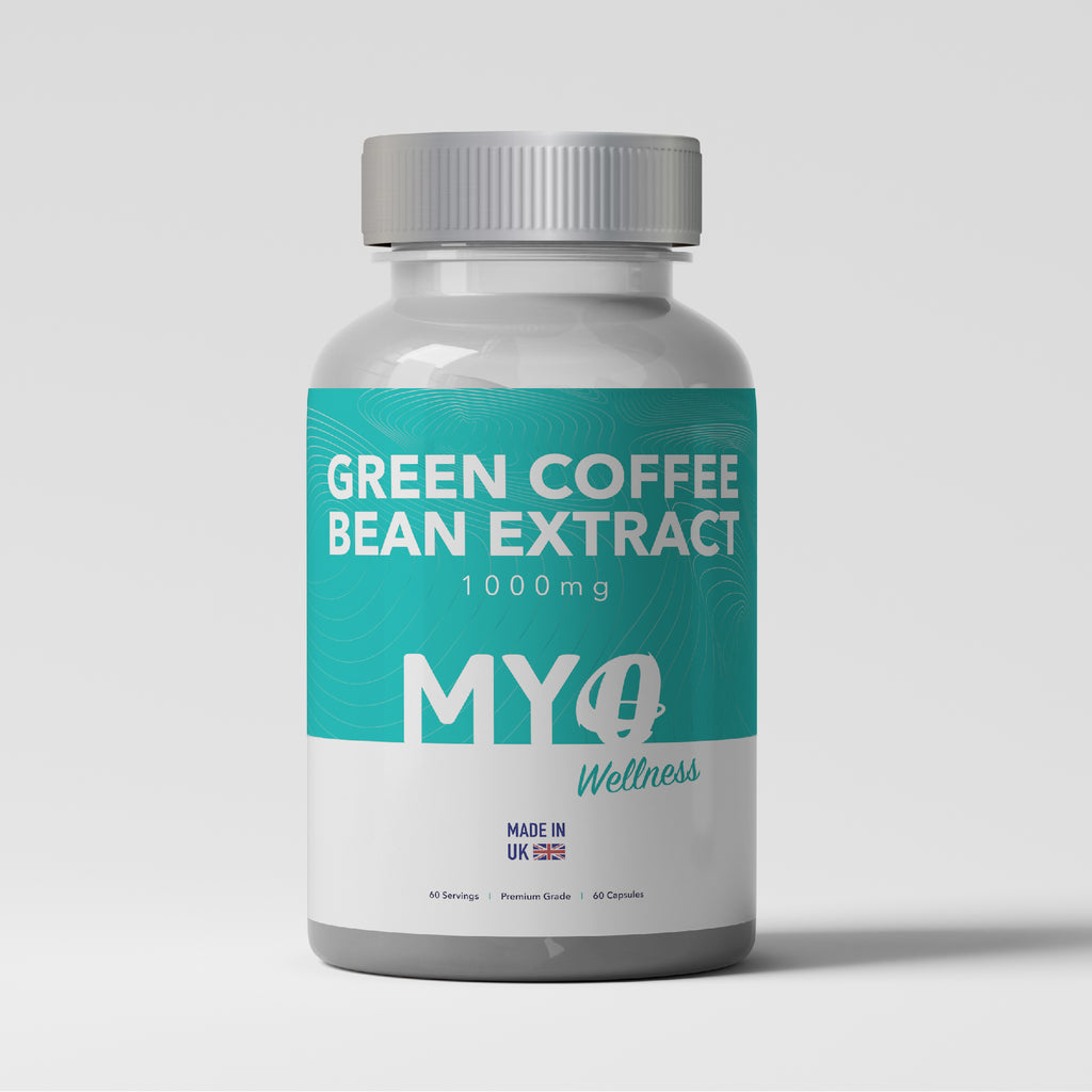 Bottle of MYOwellness Green Coffee Bean Extract Capsules on a light gray background