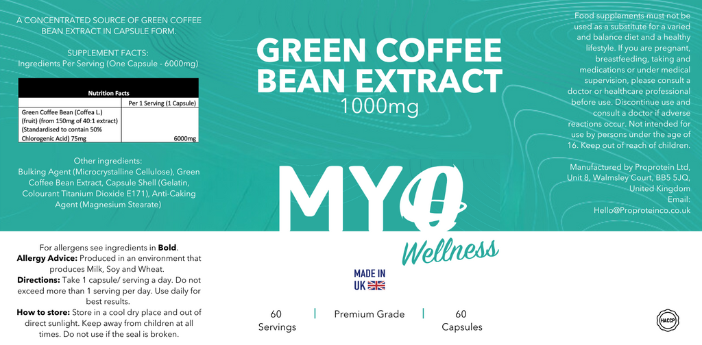 Green Coffee Bean Extract Capsules label with 'MYOwellness' branding on a teal background.