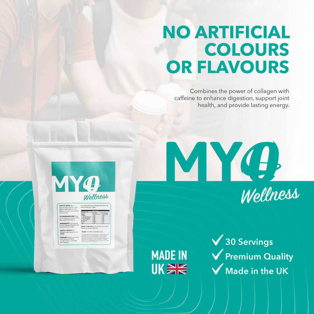 MYOwellness healthy protein coffee package with text about no artificial colours or flavours, made in the UK.