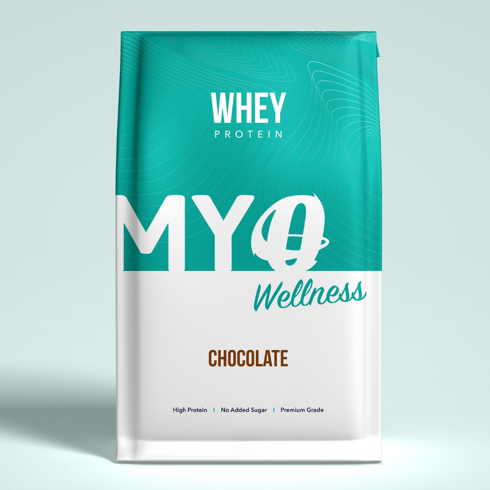 MYOwellness healthy whey protein shake package on a light gray background