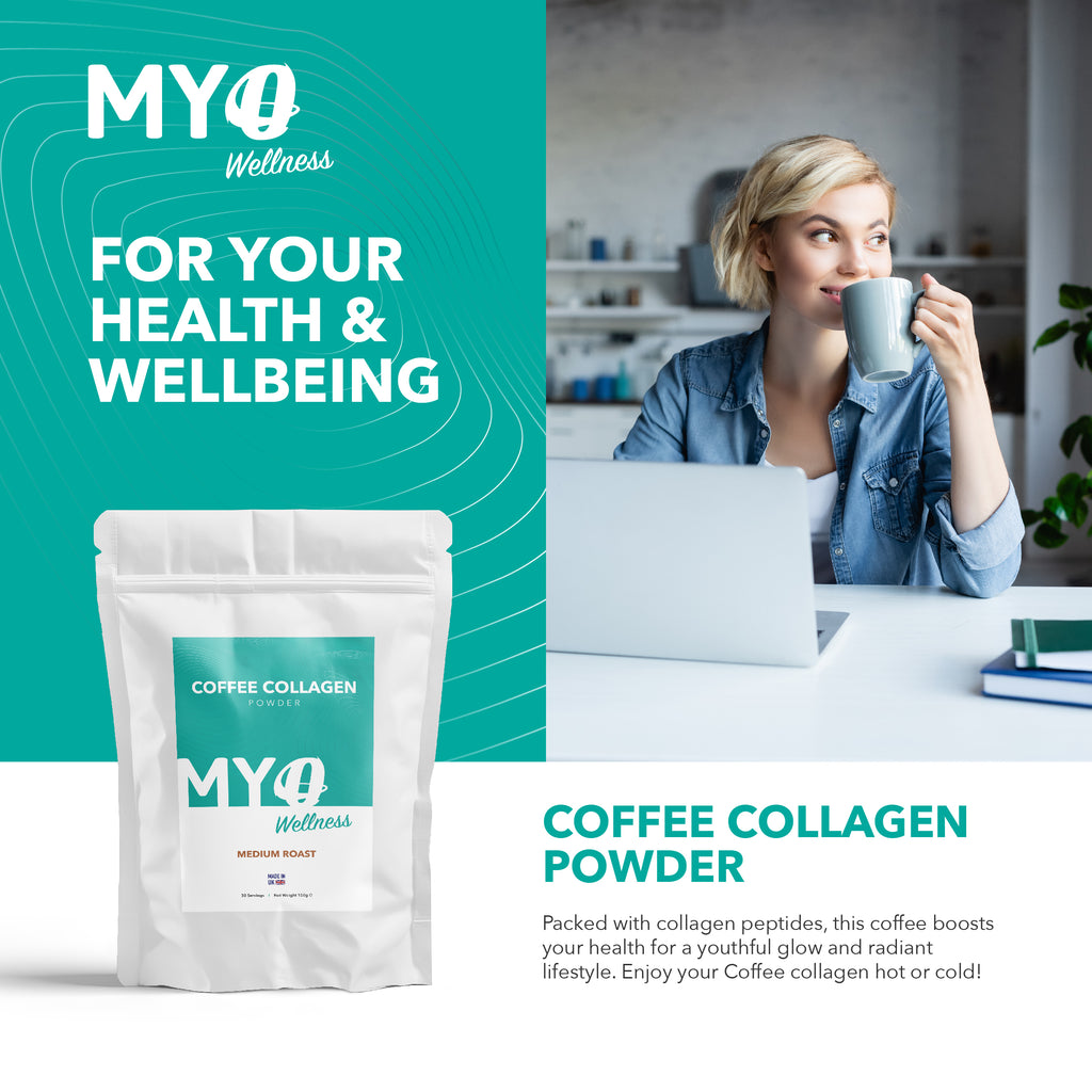 MYOwellness high protein coffee powder with a woman drinking coffee in the background.