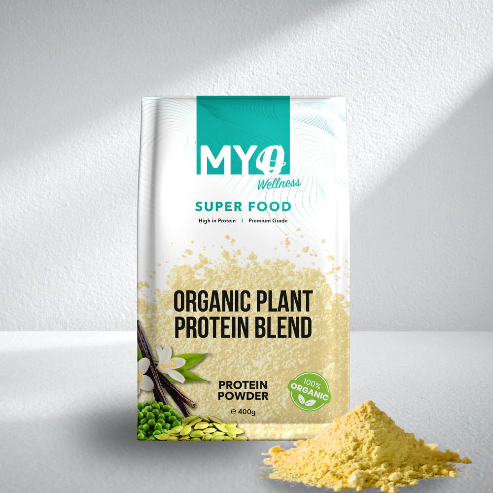 MYOwellness high protein vegan protein powder packaging on a white background