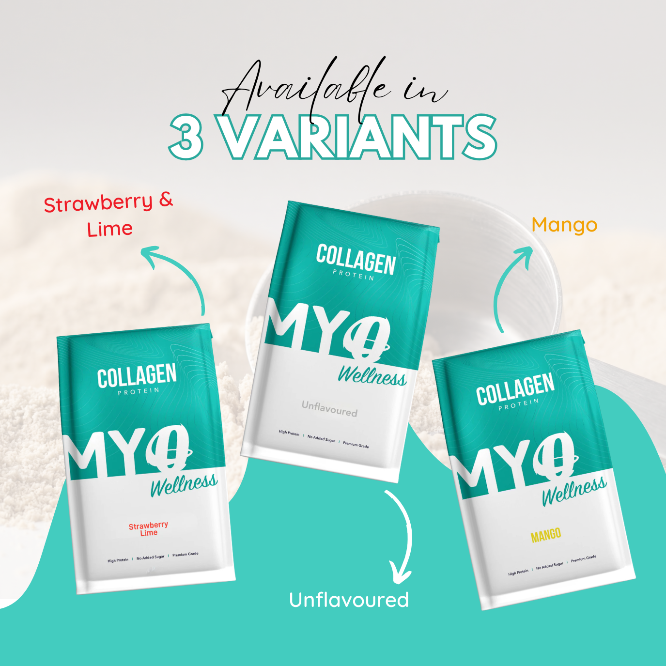 MYOwellness hydrolysed collagen powder packets in strawberry & lime, mango, and unflavoured variants on a light background.