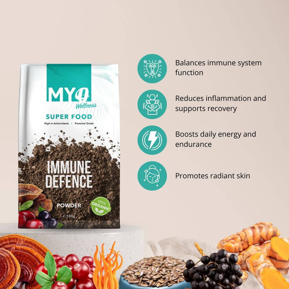 MYOwellness immune defence superfood packaging with health benefits listed on a neutral background.
