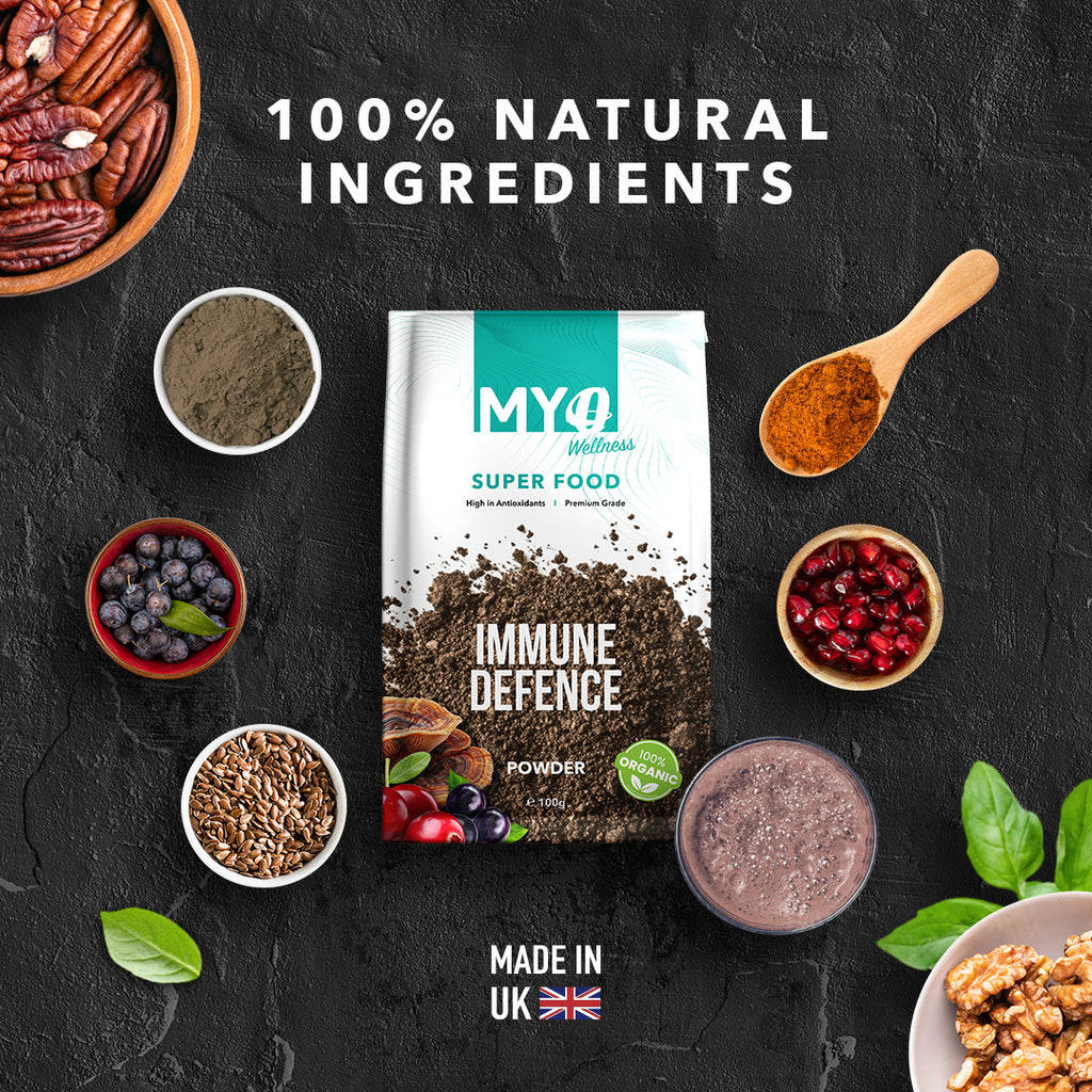 MYOwellness Immune Defense Superfood packaging with natural ingredients on a dark background